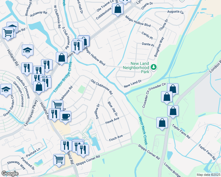 map of restaurants, bars, coffee shops, grocery stores, and more near 1204 Old Clubhouse Road in Virginia Beach