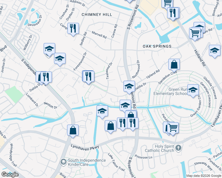 map of restaurants, bars, coffee shops, grocery stores, and more near 3637 Monterrey Court in Virginia Beach
