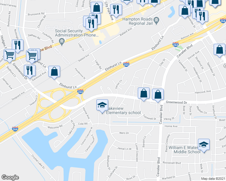 map of restaurants, bars, coffee shops, grocery stores, and more near 4502 Greenwood Drive in Portsmouth