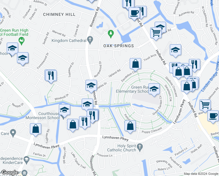 map of restaurants, bars, coffee shops, grocery stores, and more near 3501 Alister Court in Virginia Beach