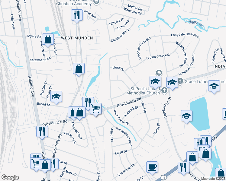 map of restaurants, bars, coffee shops, grocery stores, and more near 2417 Rock Creek Dr in Chesapeake