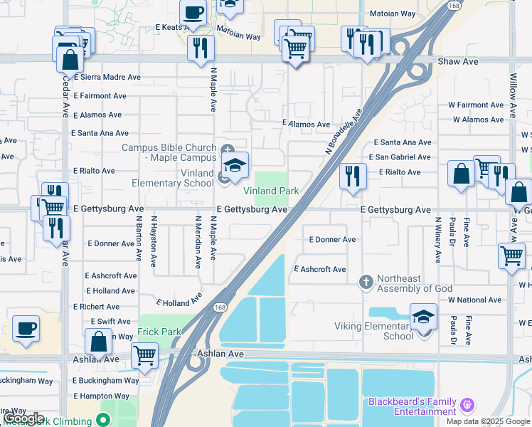map of restaurants, bars, coffee shops, grocery stores, and more near 4670 East Gettysburg Avenue in Fresno