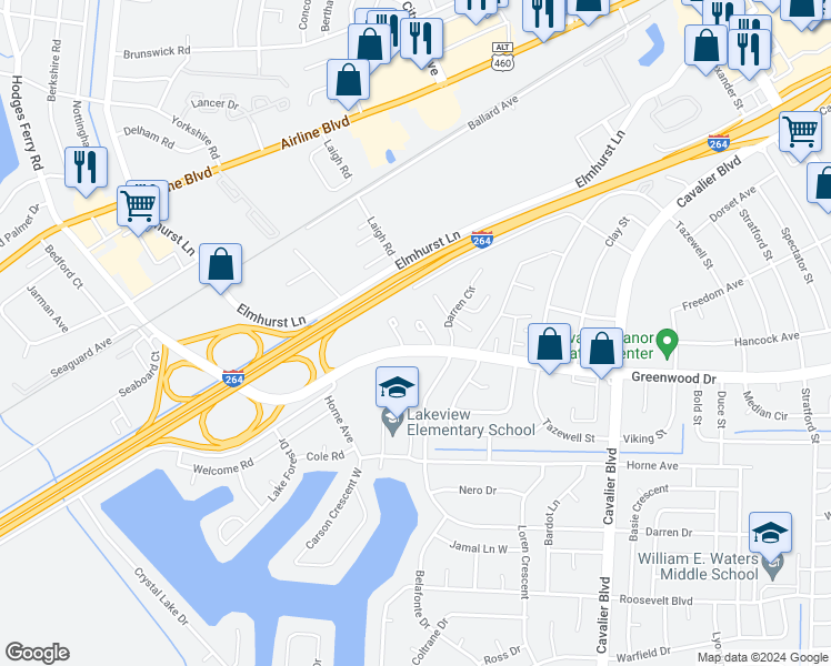 map of restaurants, bars, coffee shops, grocery stores, and more near 4560 Greenwood Drive in Portsmouth