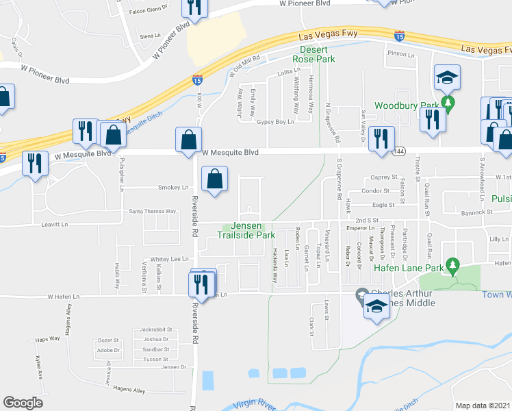 map of restaurants, bars, coffee shops, grocery stores, and more near 165 Shade Tree Lane in Mesquite