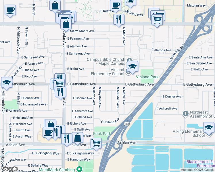 map of restaurants, bars, coffee shops, grocery stores, and more near 4540 East Gettysburg Avenue in Fresno