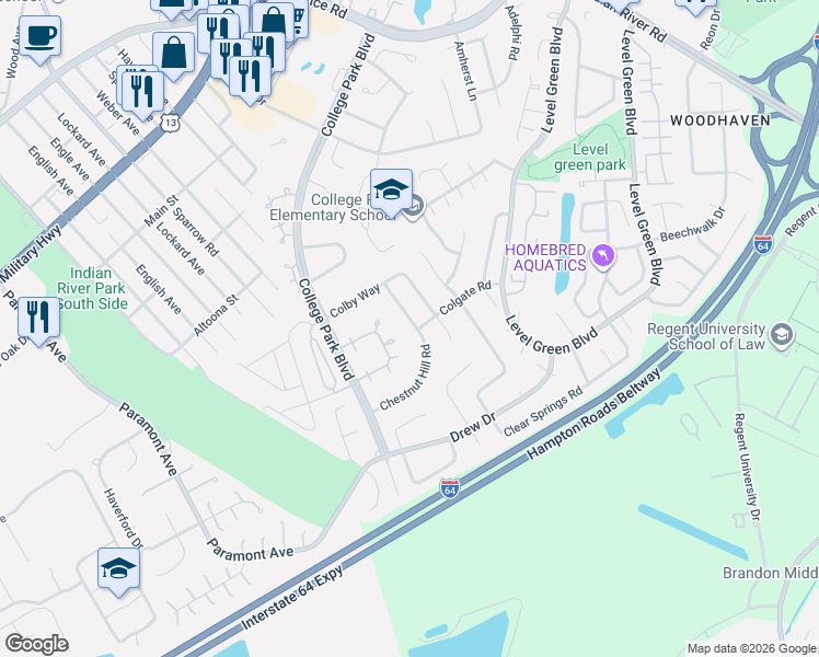 map of restaurants, bars, coffee shops, grocery stores, and more near 1291 Glyndon Drive in Virginia Beach