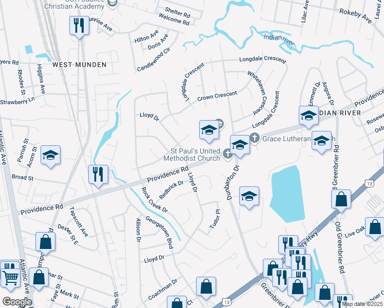map of restaurants, bars, coffee shops, grocery stores, and more near 408 Providence Road in Chesapeake