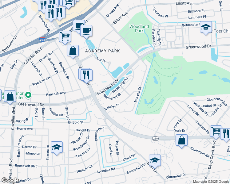 map of restaurants, bars, coffee shops, grocery stores, and more near 610 Normandy Street in Portsmouth