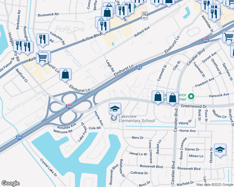 map of restaurants, bars, coffee shops, grocery stores, and more near 4604 Greenwood Drive in Portsmouth