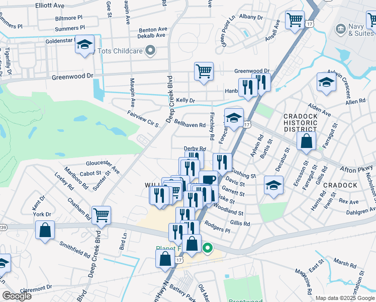 map of restaurants, bars, coffee shops, grocery stores, and more near 211 Derby Road in Portsmouth