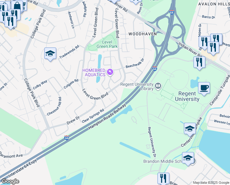 map of restaurants, bars, coffee shops, grocery stores, and more near 5875 Clear Springs Road in Virginia Beach