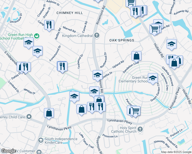 map of restaurants, bars, coffee shops, grocery stores, and more near 1177 South Rosemont Road in Virginia Beach
