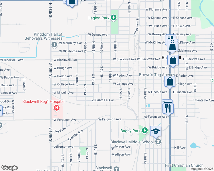 map of restaurants, bars, coffee shops, grocery stores, and more near 723 West College Avenue in Blackwell