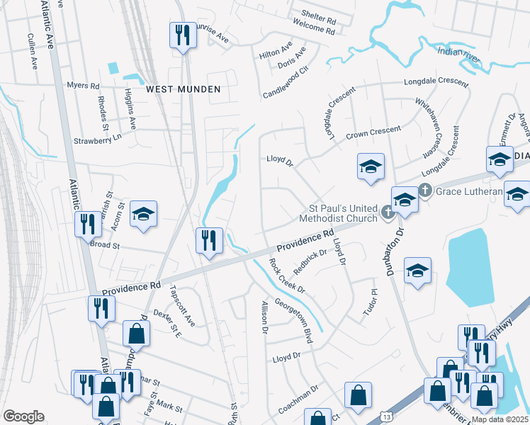 map of restaurants, bars, coffee shops, grocery stores, and more near 2417 Rock Creek Drive in Chesapeake