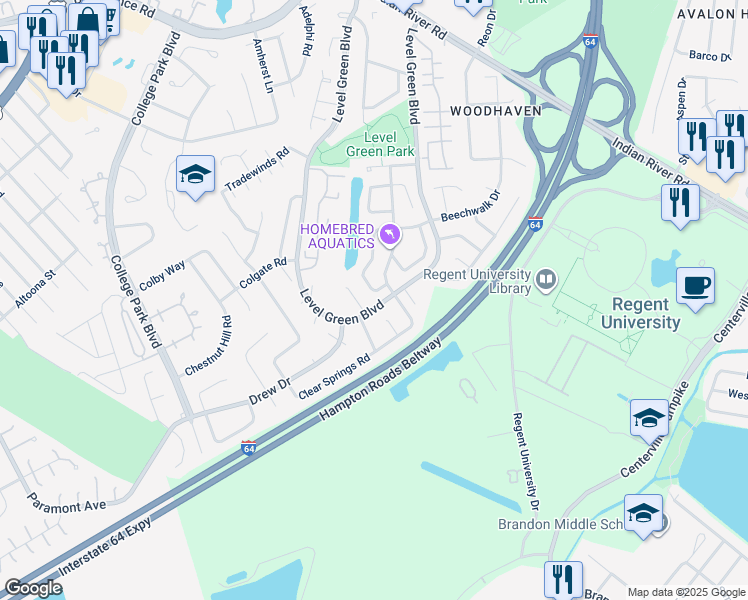 map of restaurants, bars, coffee shops, grocery stores, and more near 5986 Beechwalk Drive in Virginia Beach