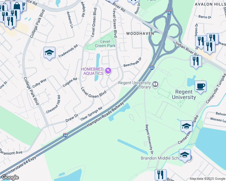 map of restaurants, bars, coffee shops, grocery stores, and more near 5875 Clear Springs Road in Virginia Beach