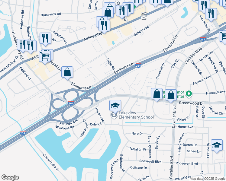 map of restaurants, bars, coffee shops, grocery stores, and more near 4664 Greenwood Drive in Portsmouth