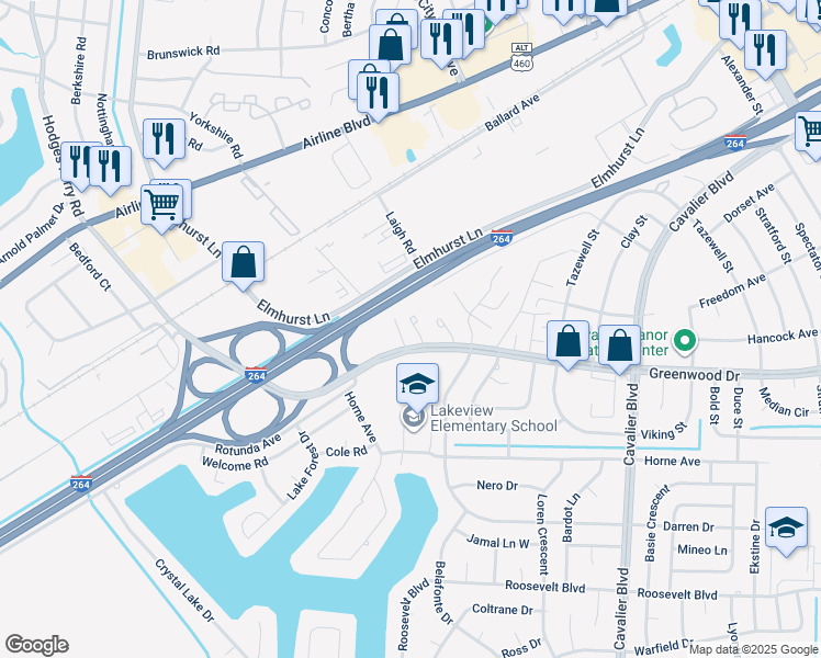 map of restaurants, bars, coffee shops, grocery stores, and more near 4664 Greenwood Drive in Portsmouth