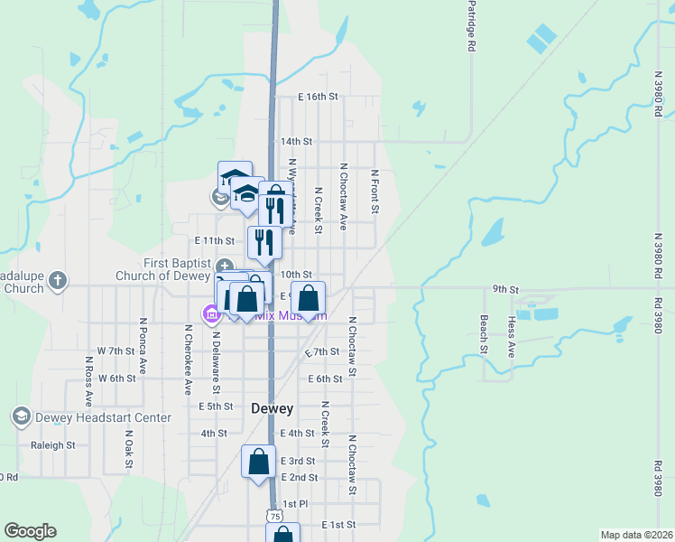 map of restaurants, bars, coffee shops, grocery stores, and more near 1001 North Choctaw Street in Dewey