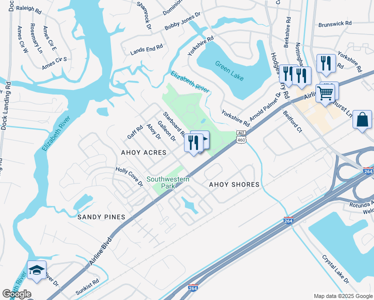 map of restaurants, bars, coffee shops, grocery stores, and more near 3913 Starboard Road in Chesapeake