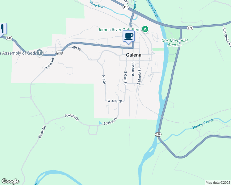 map of restaurants, bars, coffee shops, grocery stores, and more near 501 Pine Street in Galena