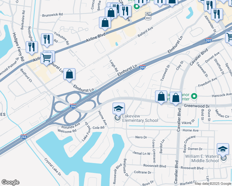 map of restaurants, bars, coffee shops, grocery stores, and more near 4662 Greenwood Drive in Portsmouth