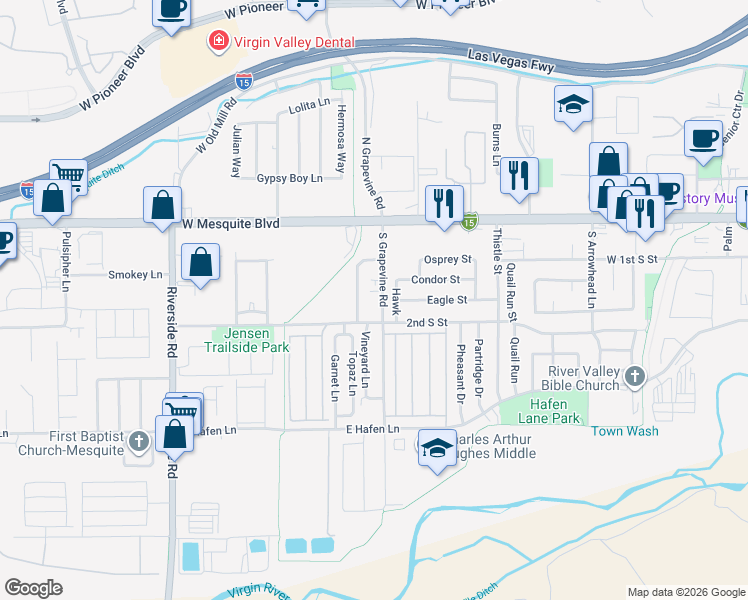 map of restaurants, bars, coffee shops, grocery stores, and more near 172 Desert Winds Way in Mesquite