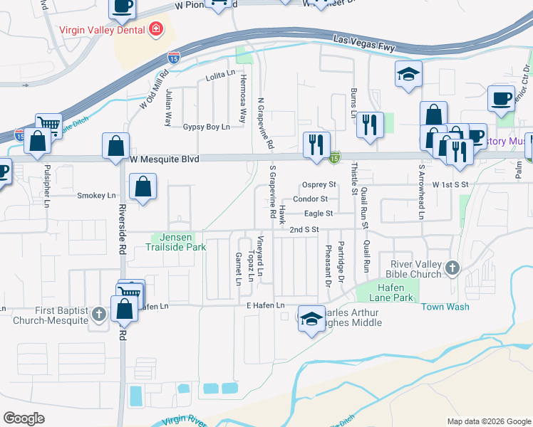 map of restaurants, bars, coffee shops, grocery stores, and more near 172 Desert Winds Way in Mesquite