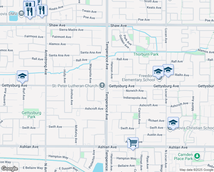 map of restaurants, bars, coffee shops, grocery stores, and more near North Temperance Avenue & Gettysburg Avenue in Clovis