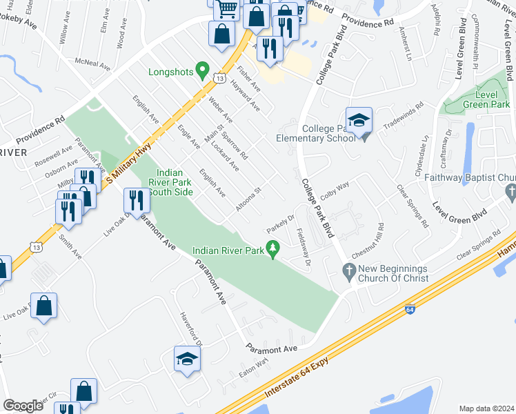 map of restaurants, bars, coffee shops, grocery stores, and more near 2216 Engle Avenue in Chesapeake