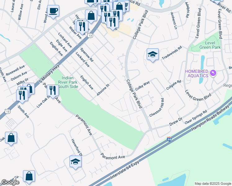 map of restaurants, bars, coffee shops, grocery stores, and more near 2228 Lockard Avenue in Chesapeake