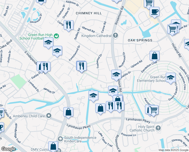 map of restaurants, bars, coffee shops, grocery stores, and more near 1102 Woodenshoe Court in Virginia Beach