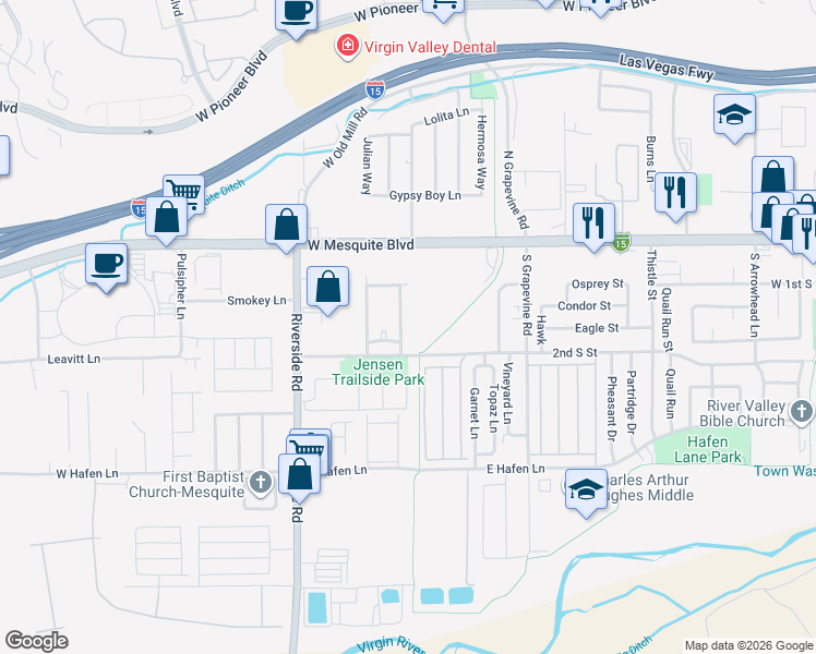 map of restaurants, bars, coffee shops, grocery stores, and more near 174 Shade Tree Lane in Mesquite