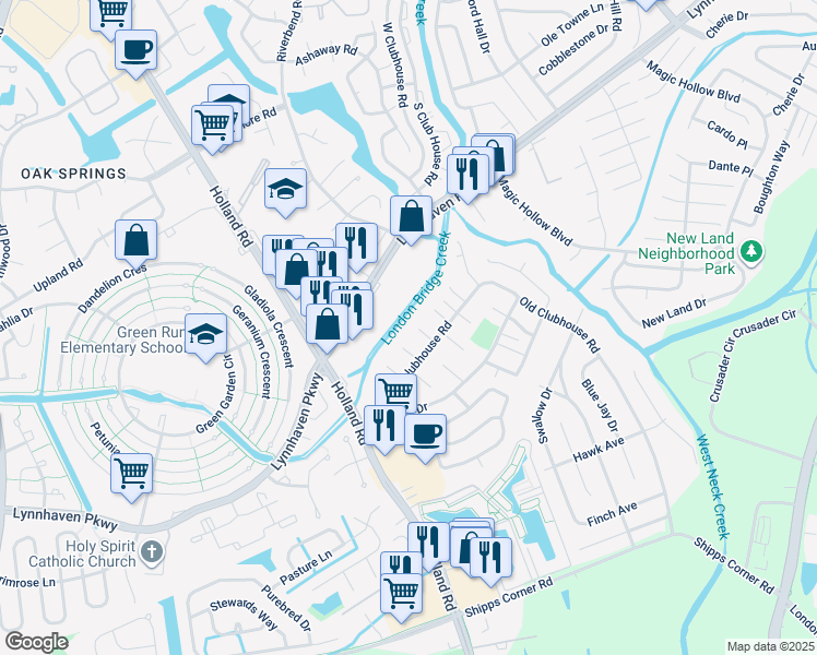 map of restaurants, bars, coffee shops, grocery stores, and more near 3253 Peele Court in Virginia Beach