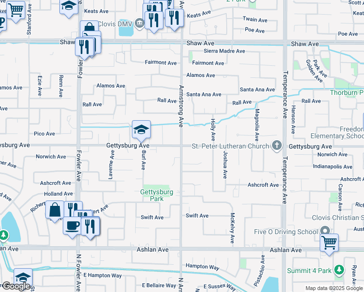 map of restaurants, bars, coffee shops, grocery stores, and more near 2100 Gettysburg Avenue in Clovis
