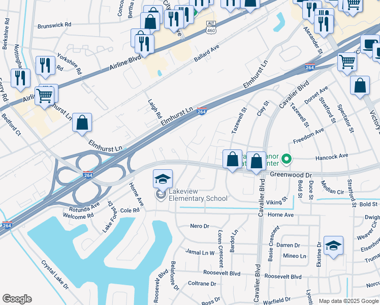 map of restaurants, bars, coffee shops, grocery stores, and more near 1507 Darren Circle in Portsmouth