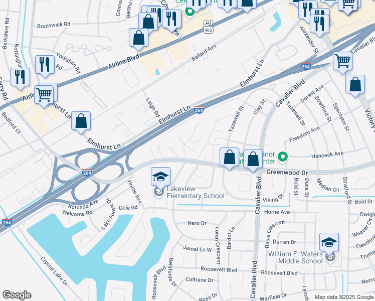 map of restaurants, bars, coffee shops, grocery stores, and more near 1507 Darren Circle in Portsmouth