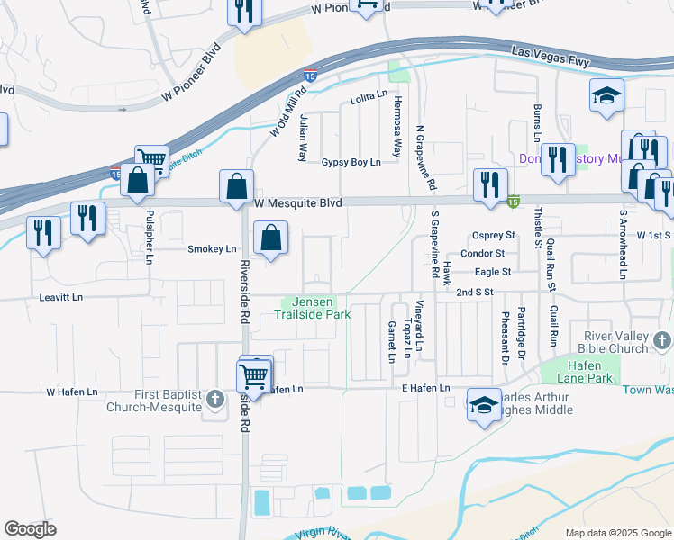 map of restaurants, bars, coffee shops, grocery stores, and more near 174 Shade Tree Lane in Mesquite