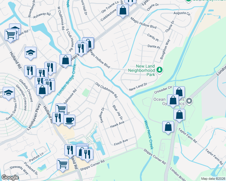 map of restaurants, bars, coffee shops, grocery stores, and more near 1204 Old Clubhouse Road in Virginia Beach