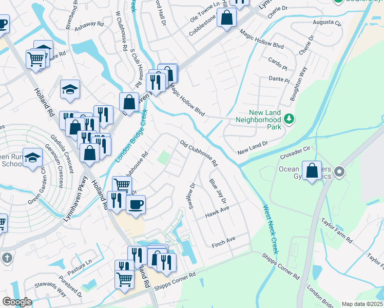 map of restaurants, bars, coffee shops, grocery stores, and more near 849 Old Clubhouse Road in Virginia Beach