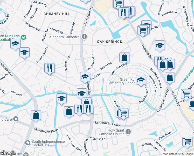 map of restaurants, bars, coffee shops, grocery stores, and more near 3548 Alister Court in Virginia Beach