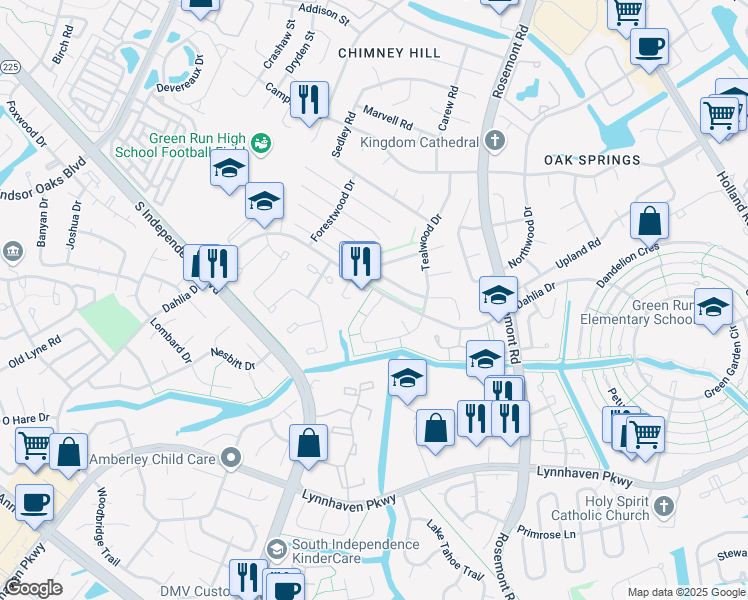 map of restaurants, bars, coffee shops, grocery stores, and more near 3566 Windmill Drive in Virginia Beach