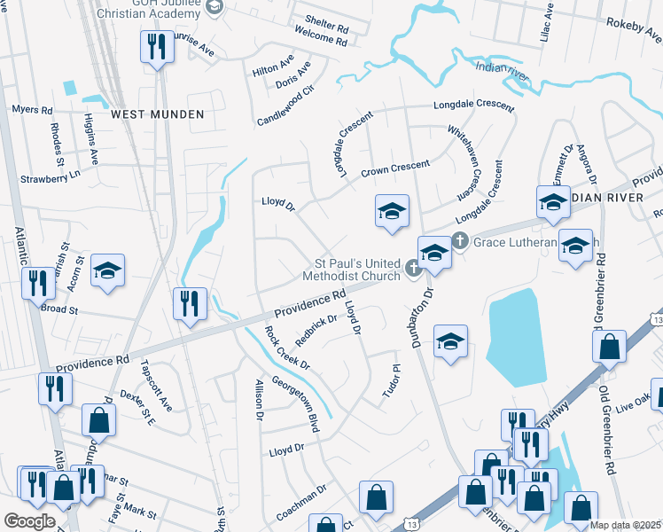map of restaurants, bars, coffee shops, grocery stores, and more near 2408 Lloyd Drive in Chesapeake