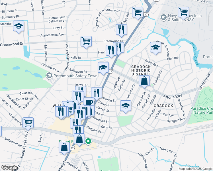 map of restaurants, bars, coffee shops, grocery stores, and more near 7 Cotton Place in Portsmouth