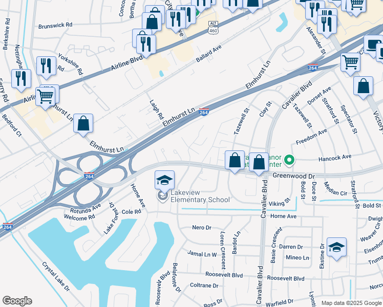 map of restaurants, bars, coffee shops, grocery stores, and more near 1507 Darren Circle in Portsmouth