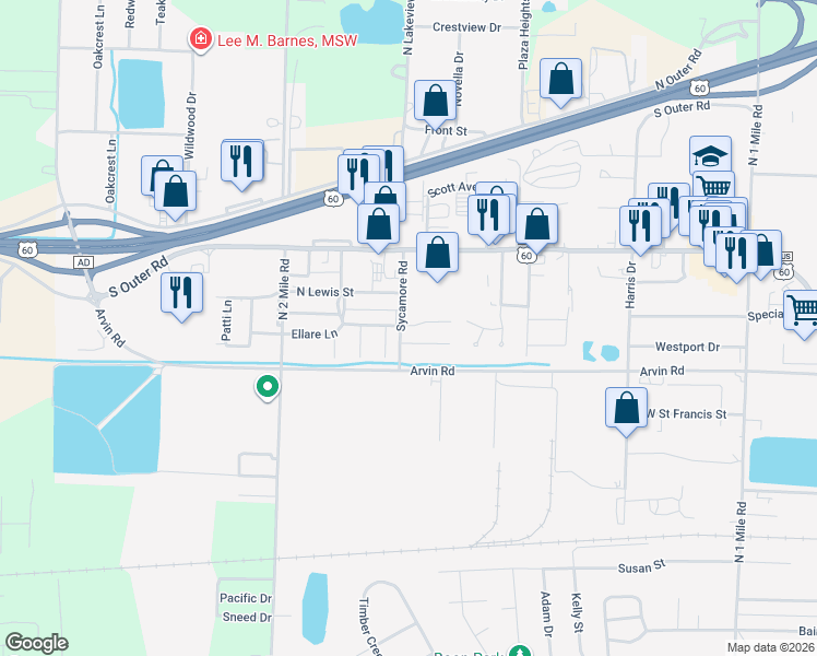 map of restaurants, bars, coffee shops, grocery stores, and more near 1603 Lyndel Street in Dexter