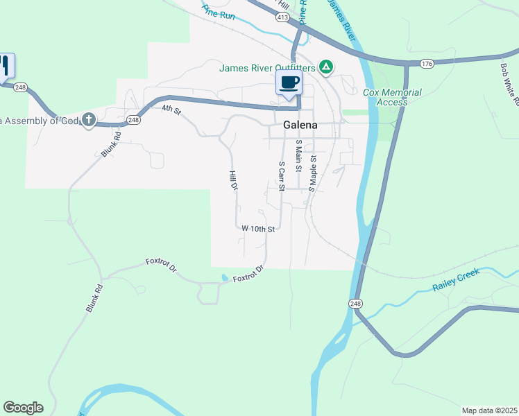 map of restaurants, bars, coffee shops, grocery stores, and more near 501 Pine Street in Galena