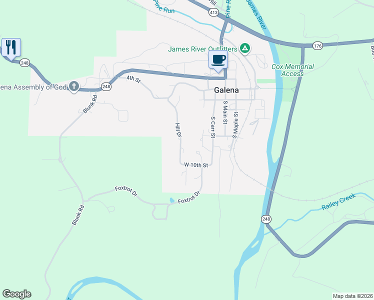 map of restaurants, bars, coffee shops, grocery stores, and more near 501 Pine Street in Galena