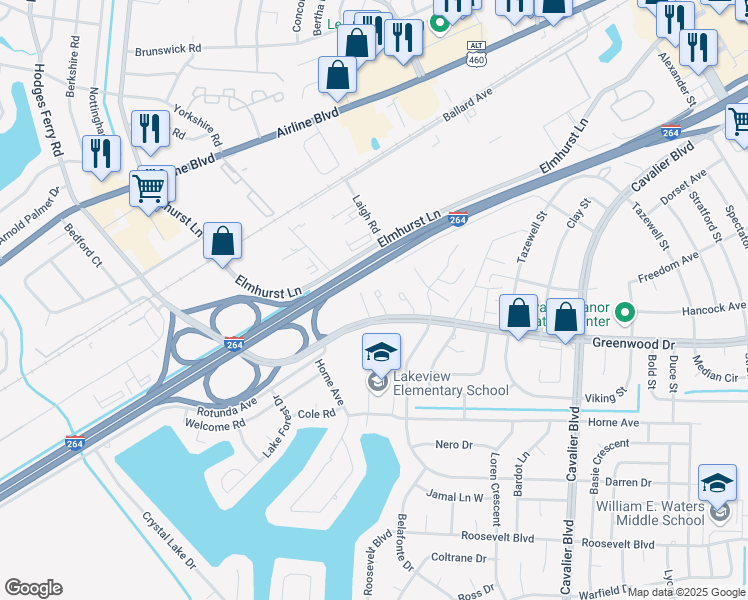 map of restaurants, bars, coffee shops, grocery stores, and more near 4660 Greenwood Drive in Portsmouth