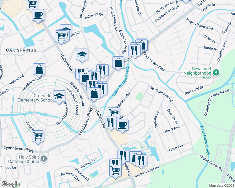 map of restaurants, bars, coffee shops, grocery stores, and more near 3253 Peele Court in Virginia Beach